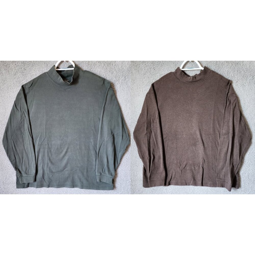 Lot of 2 LL Bean Green & Brown Mock Neck Long Sleeve Shirt Size XL Cotton